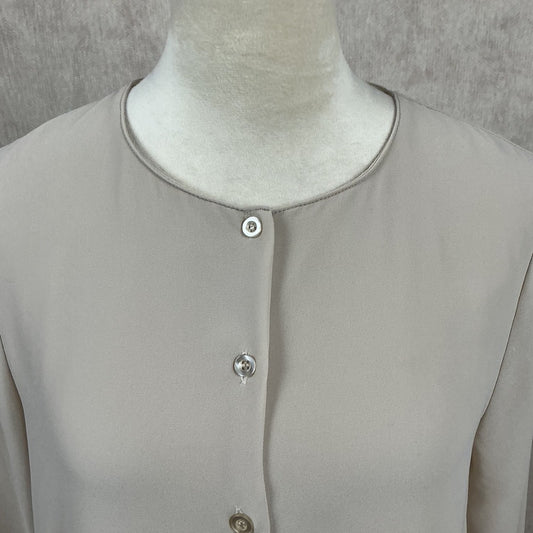 KATE Beige Button Front Long Sleeve Sheer Blouse Top Women's