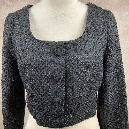 VICI Collection Black Textured Cropped Jacket Square Neck Button Front Women