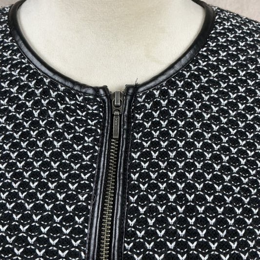 The Limited Black White Geometric Pattern Faux Leather Trim Zip Up Cardigan XS