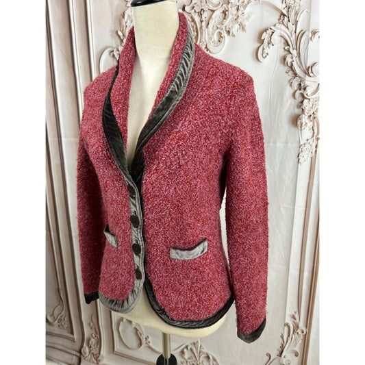 Anthropologie's Vintage Knit Blazer Jacket Velvet Trim Pink Raspberry Medium