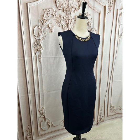 Calvin Klein Navy Blue Sleeveless Sheath Dress with Gold Chain Detail