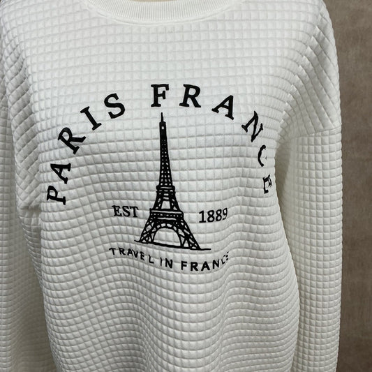 White Textured Eiffel Tower Paris France Graphic Long Sleeve Sweatshirt Top SZ L