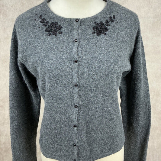Women's Gray Crew Neck Beaded Floral Cardigan Sweater Long Sleeve Button Up