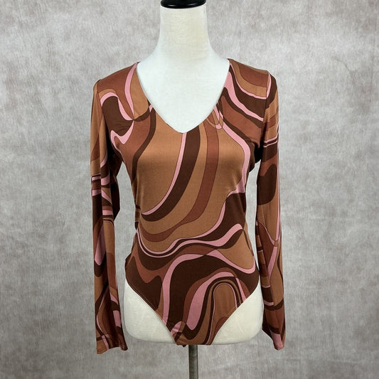 Vestique 70's Retro Brown Pink Swirl Print Long Sleeve V Neck Bodysuit Size L