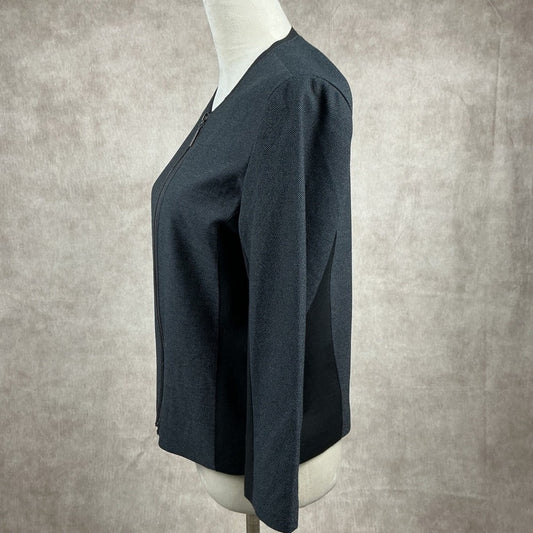 Tahari Women's Grey Faux Leather Trim Zip Front Blazer Jacket 3/4 Sleeve