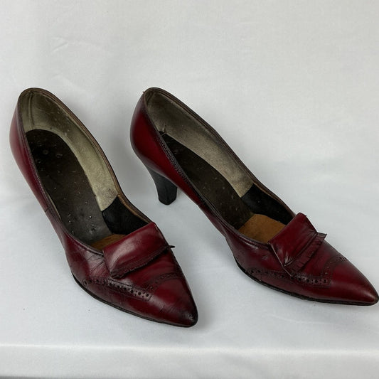 Vintage Women's Burgundy Leather Pointed Toe Loafer Heels