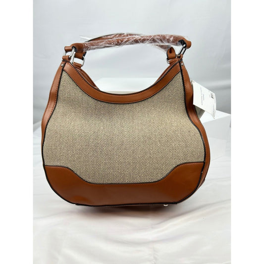 Adrienne Vittadini Burlap Top Zip Hobo Bag Purse Neutral Beige Brown