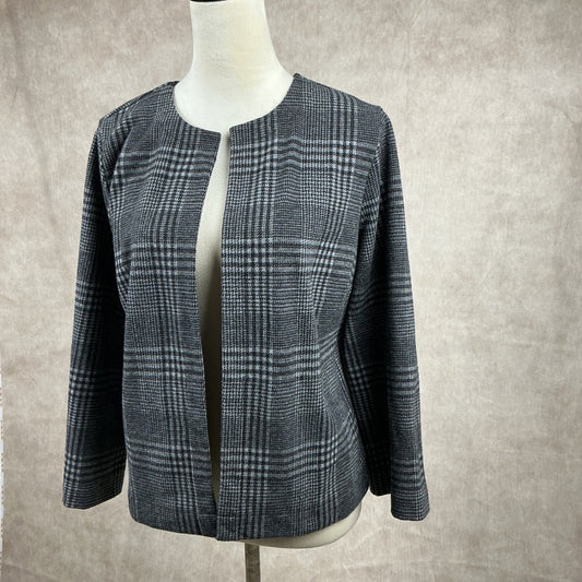 J Jill Plaid Open Front Blazer Jacket Women's Medium Gray Black Collarless