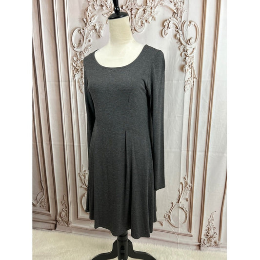 Vestique Gray Long Sleeve Dress Casual Fall Winter Fit and Flare Midi Dress