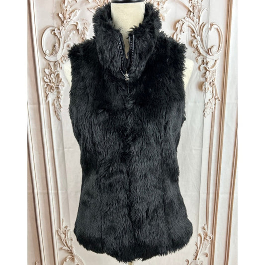 Faux Fur Vest Black Sleeveless Mock Neck Zipper Front Cozy Layering