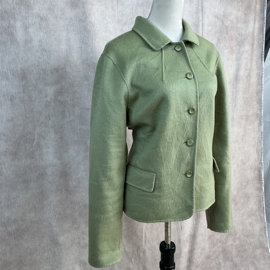 Chic Light Green Textured Blazer Jacket Button Front Collared Women