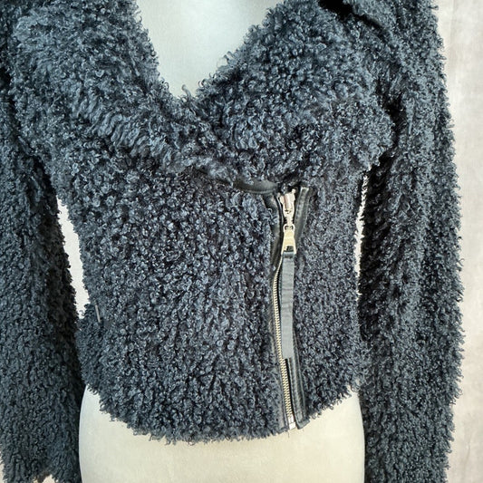 Marisa K Black Textured Faux Fur Moto Jacket Asymmetrical Zip Cropped