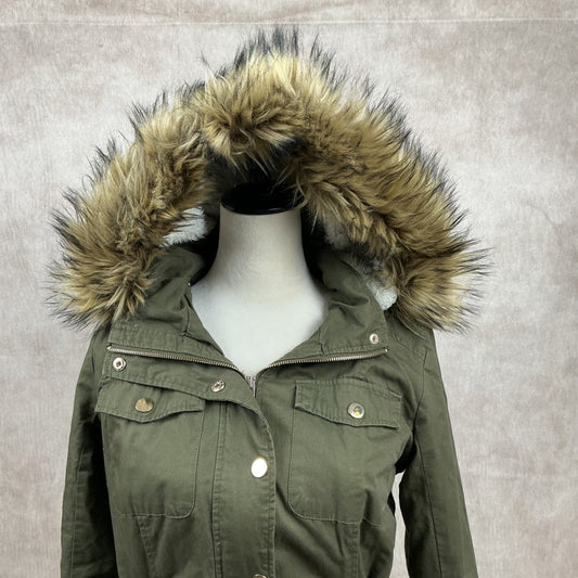 Women's Green Fur Hooded Parka Jacket Drawstring Waist Winter Coat