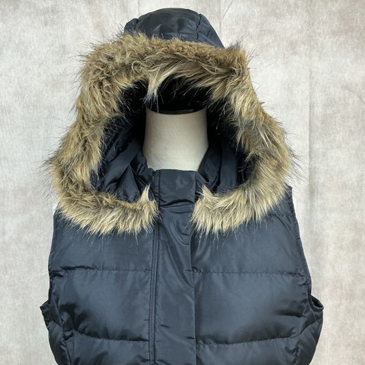 Talbots Black Puffer Vest Women Hooded Faux Fur Quilted Zip Up Sleeveless Jacket