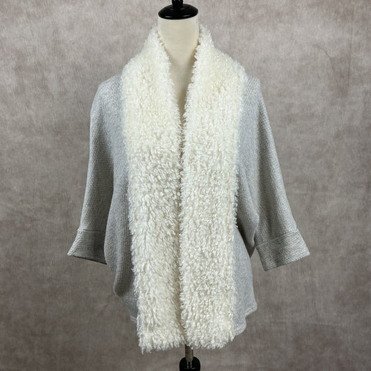 Gray Textured Open Front Cardigan with Cream Fuzzy Sherpa Collar