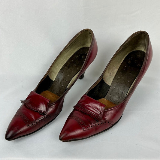 Vintage Women's Burgundy Leather Pointed Toe Loafer Heels