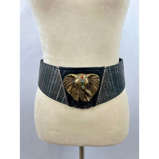 Vintage Wide Waist Belt Elephant Buckle Gold Tone Rhinestone Snake Print