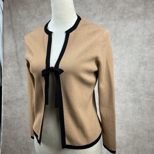 Kate Hill Petites Tan Black Trim Bow Cardigan Sweater Women's PM