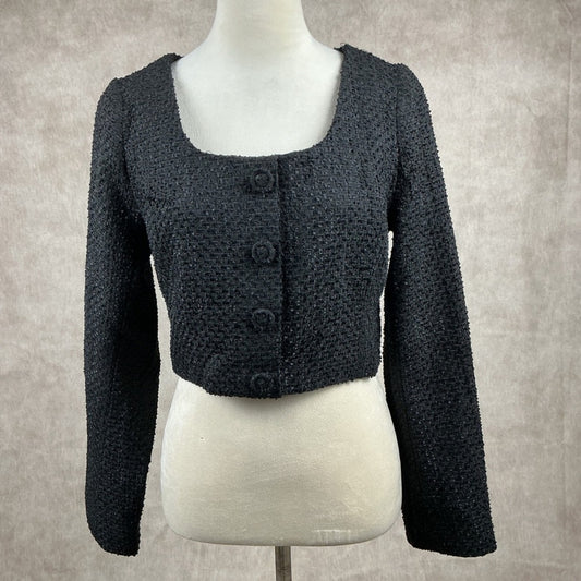 VICI Collection Black Textured Cropped Jacket Square Neck Button Front Women