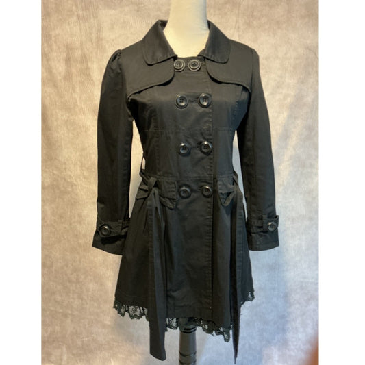 Vintage Black Trench Coat with Lace Trim Detail Double Breasted Button Front
