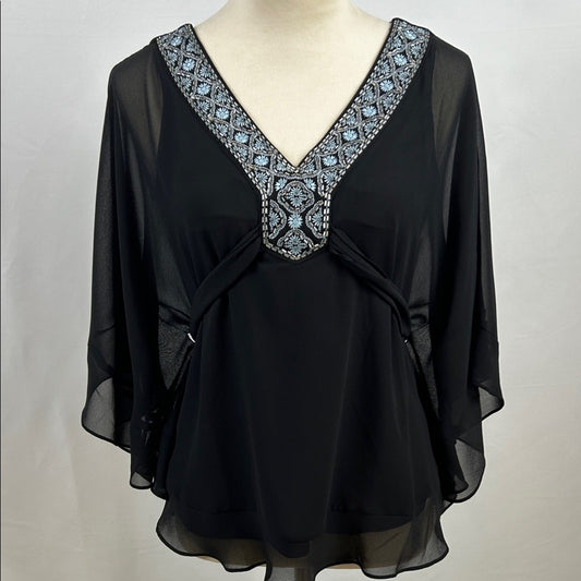 White House Black Market Blouse Top Embellished V Neck Sheer XSP Petite
