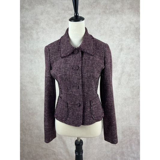 Ann Taylor Tweed Jacket Plum Tweed Purple Button Front Collared Career Blazer