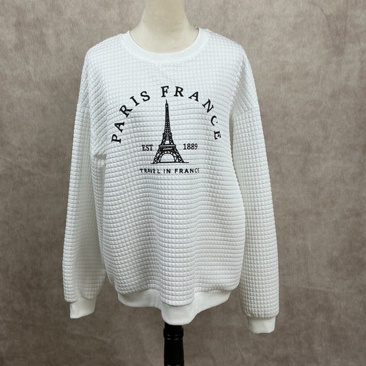 White Textured Eiffel Tower Paris France Graphic Long Sleeve Sweatshirt Top SZ L