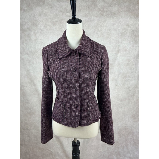 Ann Taylor Tweed Jacket Plum Tweed Purple Button Front Collared Career Blazer