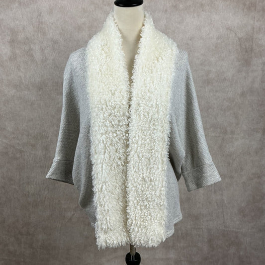 Gray Textured Open Front Cardigan with Cream Fuzzy Sherpa Collar