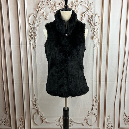 Faux Fur Vest Black Sleeveless Mock Neck Zipper Front Cozy Layering