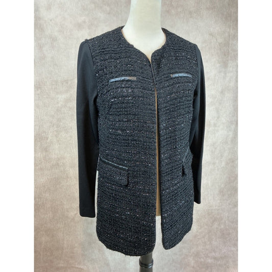 Black Tweed Jacket Women's Career Open Front Blazer Sparkle Details