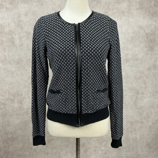 The Limited Black White Geometric Pattern Faux Leather Trim Zip Up Cardigan XS