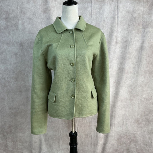 Chic Light Green Textured Blazer Jacket Button Front Collared Women